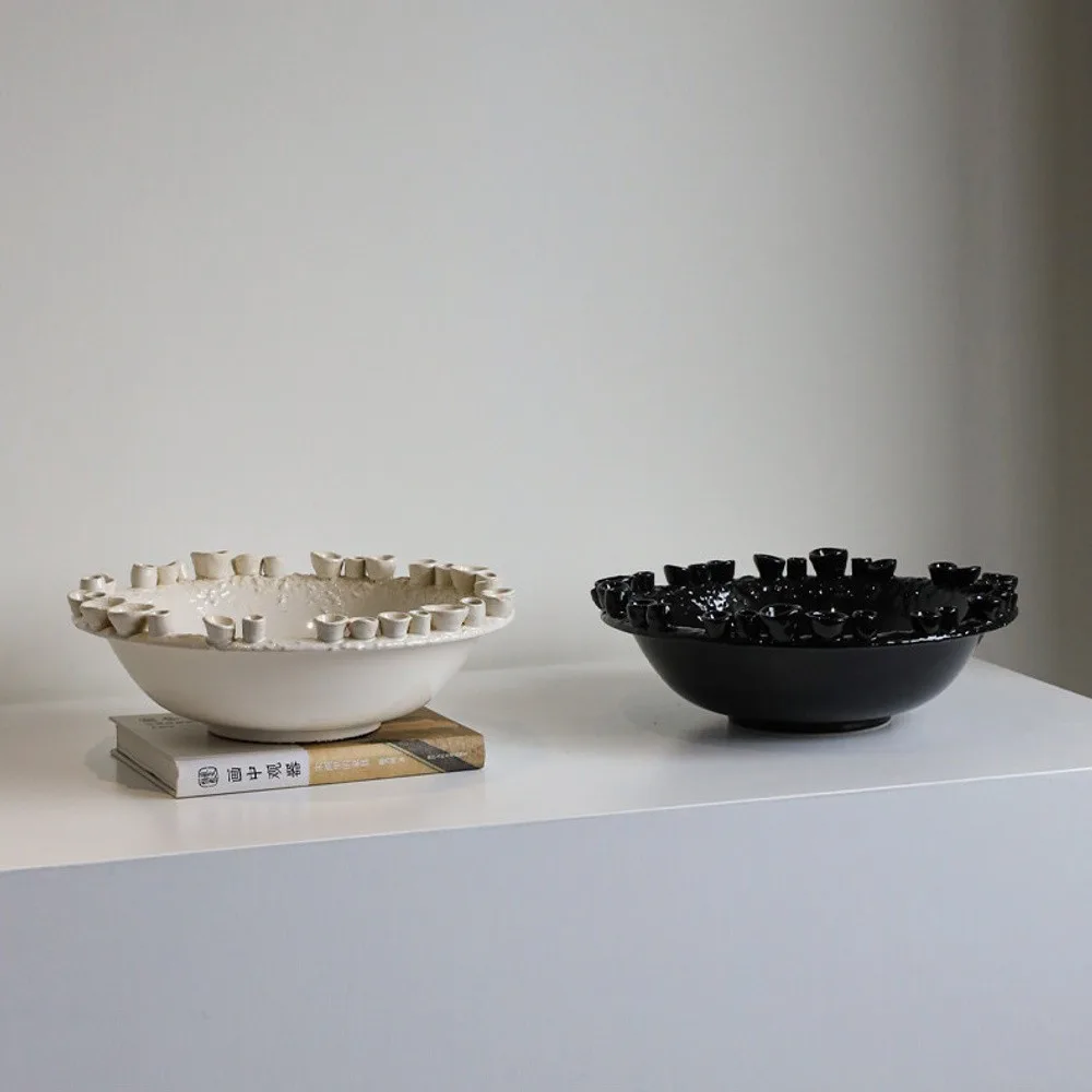 Jingdezhen Ceramic Bowl with Crenellated Rim, White or Black in ivory — front view