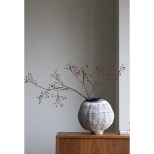 Jingdezhen Grid-Textured Grey Moon Jar, Large or Small in slate — in a room setting
