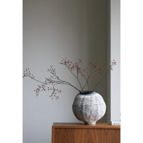 Jingdezhen Grid-Textured Grey Moon Jar, Large or Small in slate — in a room setting