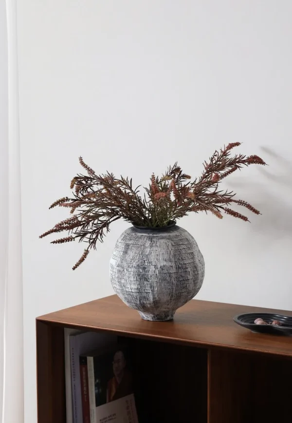 Jingdezhen Grid-Textured Grey Moon Jar, Large or Small in slate — in a room setting