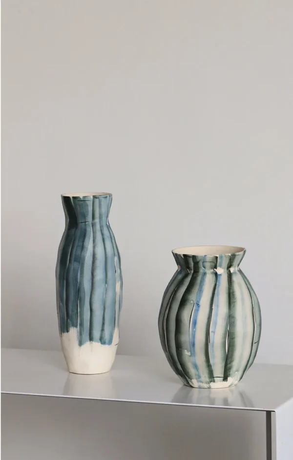 Jingdezhen Mixed-Colour Striped Ribbed Vase, Two Forms in blue — in a room setting