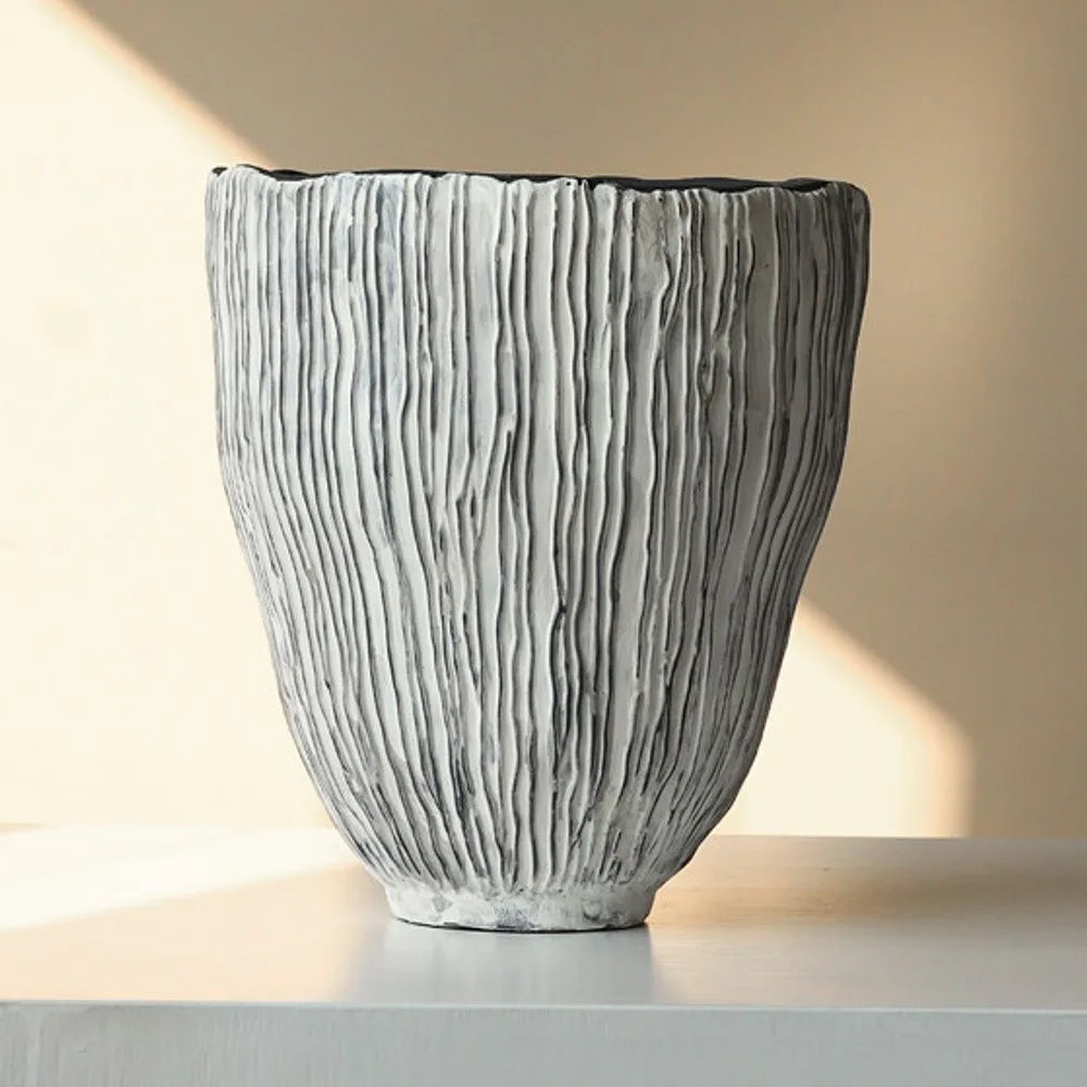 Carved Vertical-Line Ceramic Vase in Grey, Tall or Short — front view