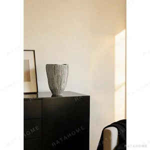 Carved Vertical-Line Ceramic Vase in Grey, Tall or Short — in a room setting