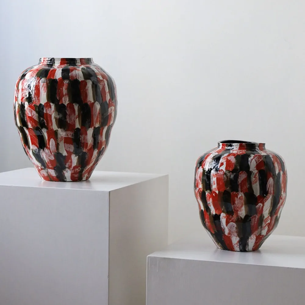 Jingdezhen Red and Black Brush-Mark Jar Vases, Large or in red — front view