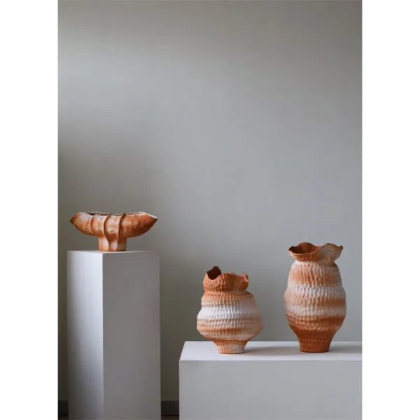 Jingdezhen White-to-Orange Gradient Pleated Floor Jar, Large in ivory — in a room setting