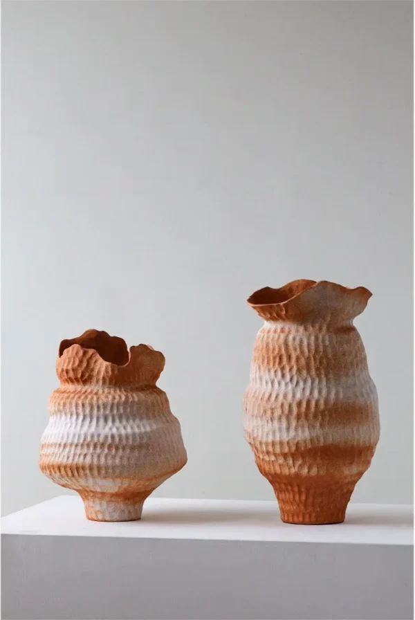 Jingdezhen White-to-Orange Gradient Pleated Floor Jar, Large in ivory — in a room setting