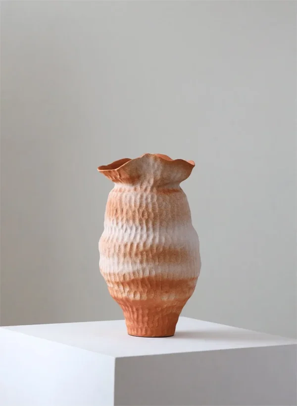 Jingdezhen White-to-Orange Gradient Pleated Floor Jar, Large in ivory — in a room setting