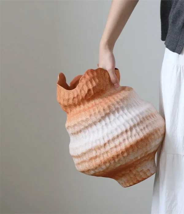 Jingdezhen White-to-Orange Gradient Pleated Floor Jar, Large in ivory — in a room setting