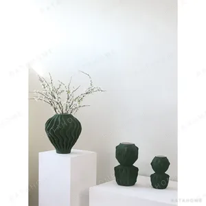 Jingdezhen Matte Dark Green Ribbed Stacked Vase, Tall or in olive — in a room setting