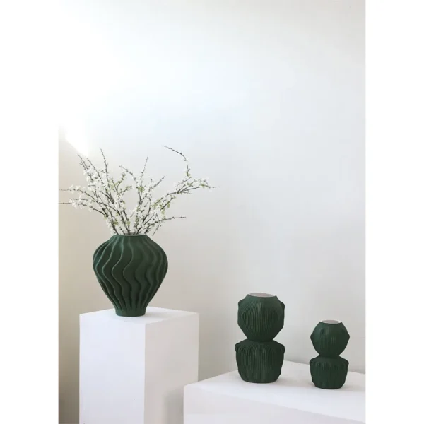 Jingdezhen Matte Dark Green Ribbed Stacked Vase, Tall or in olive — in a room setting