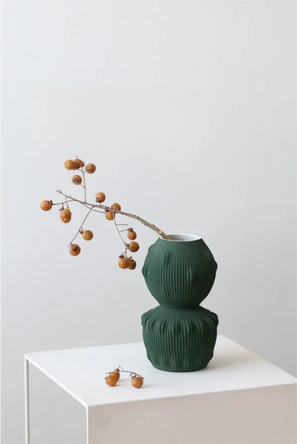 Jingdezhen Matte Dark Green Ribbed Stacked Vase, Tall or in olive — in a room setting