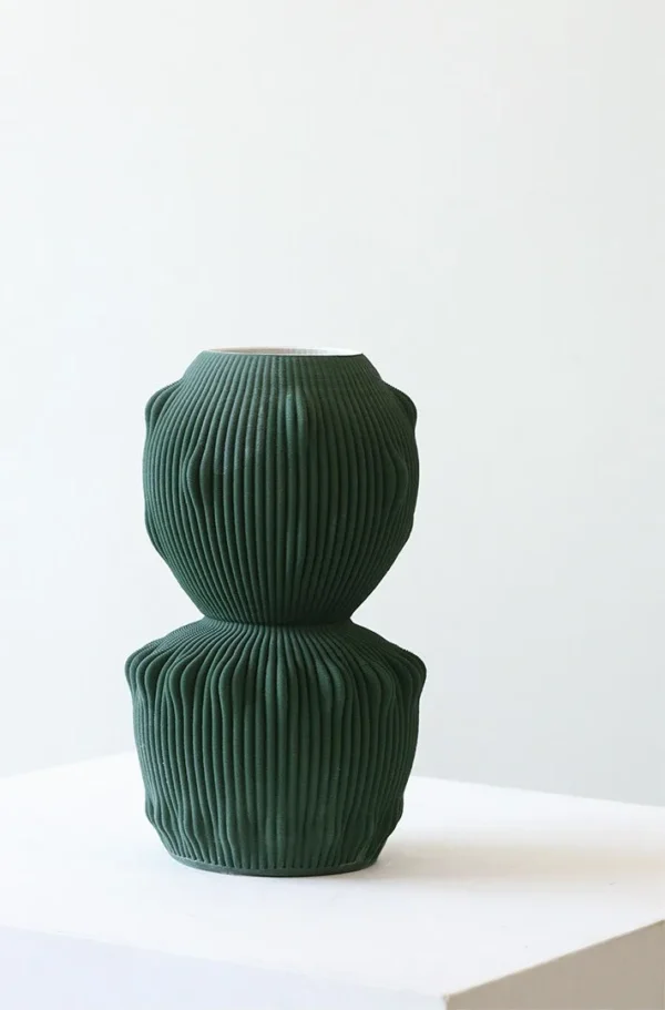 Jingdezhen Matte Dark Green Ribbed Stacked Vase, Tall or in olive — in a room setting