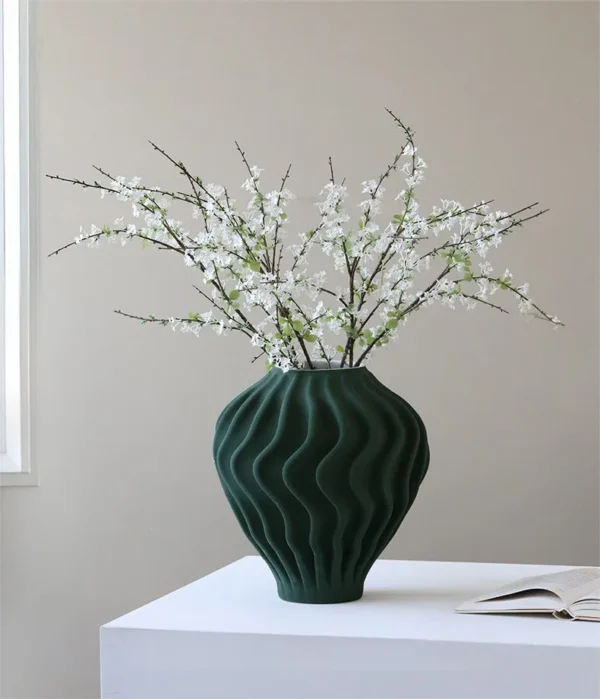 Jingdezhen Matte Dark Green Ribbed Stacked Vase, Tall or in olive — in a room setting