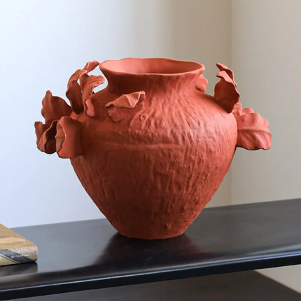 Red Ceramic Jar Vase with Sculpted Leaf Handles, Jingdezhen in red — front view