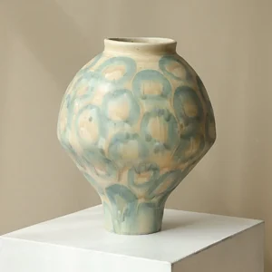 Jingdezhen Celadon Circle Pattern Round Jar Vase, Large in olive — front view