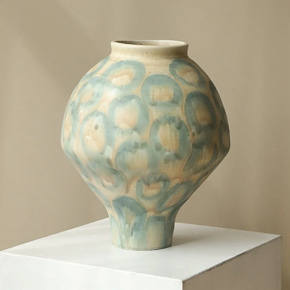 Jingdezhen Celadon Circle Pattern Round Jar Vase, Large in olive — front view