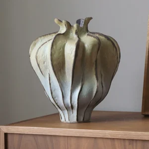 Jingdezhen Mountain and Water Lobed Art Vase, Large in olive — front view