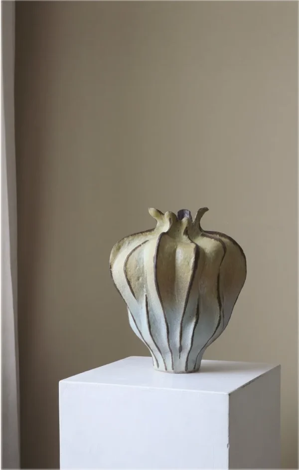 Jingdezhen Mountain and Water Lobed Art Vase, Large in olive — in a room setting