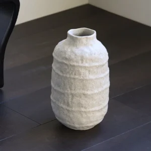 Cement-Grey Ridged Ceramic Jar Vase, Jingdezhen in slate — front view