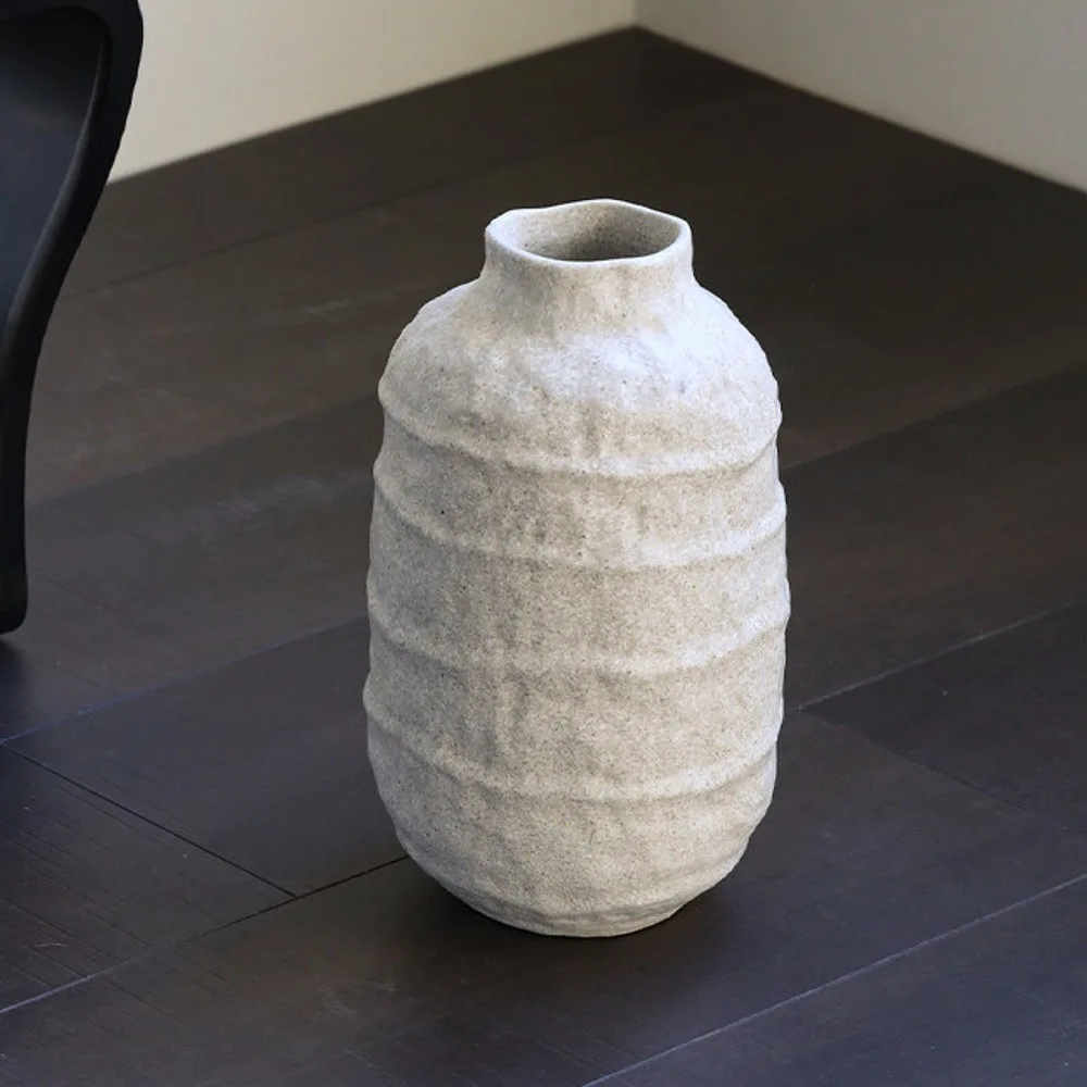 Cement-Grey Ridged Ceramic Jar Vase, Jingdezhen in slate — front view