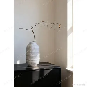 Cement-Grey Ridged Ceramic Jar Vase, Jingdezhen in slate — in a room setting