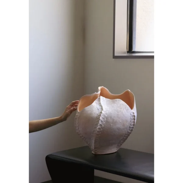 Jingdezhen Folded Lotus-Edge Floor Art Vase, Large or Small in ivory — in a room setting