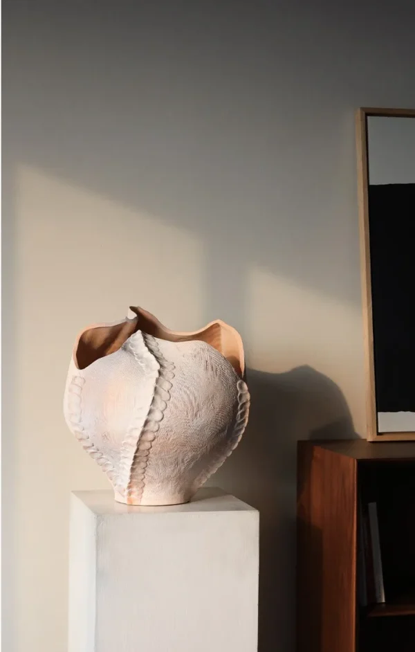 Jingdezhen Folded Lotus-Edge Floor Art Vase, Large or Small in ivory — in a room setting