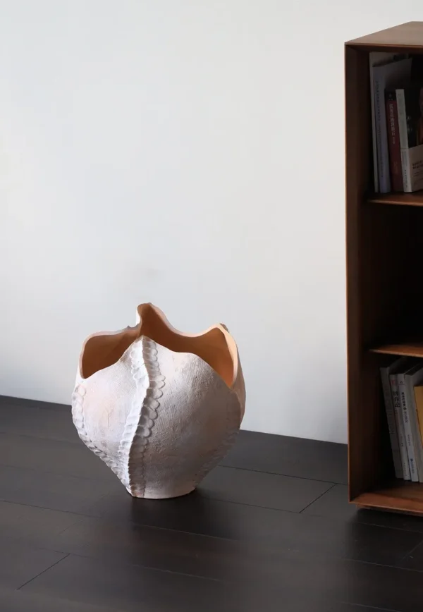 Jingdezhen Folded Lotus-Edge Floor Art Vase, Large or Small in ivory — in a room setting