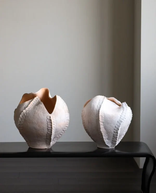 Jingdezhen Folded Lotus-Edge Floor Art Vase, Large or Small in ivory — in a room setting