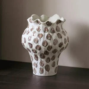 Jingdezhen Textured Spot Floor Jar Vase with Wavy Rim in ivory — front view