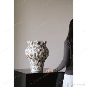 Jingdezhen Textured Spot Floor Jar Vase with Wavy Rim in ivory — in a room setting