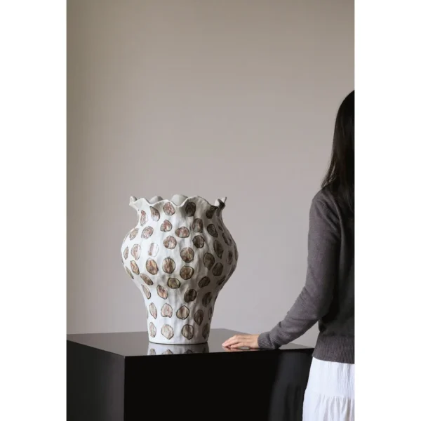 Jingdezhen Textured Spot Floor Jar Vase with Wavy Rim in ivory — in a room setting