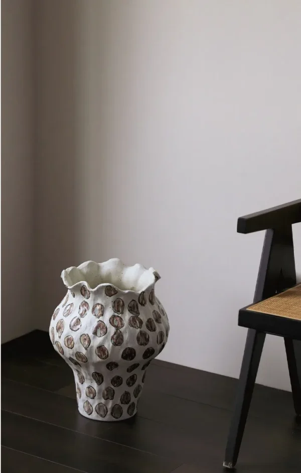 Jingdezhen Textured Spot Floor Jar Vase with Wavy Rim in ivory — in a room setting