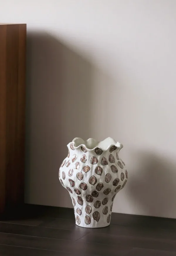Jingdezhen Textured Spot Floor Jar Vase with Wavy Rim in ivory — in a room setting