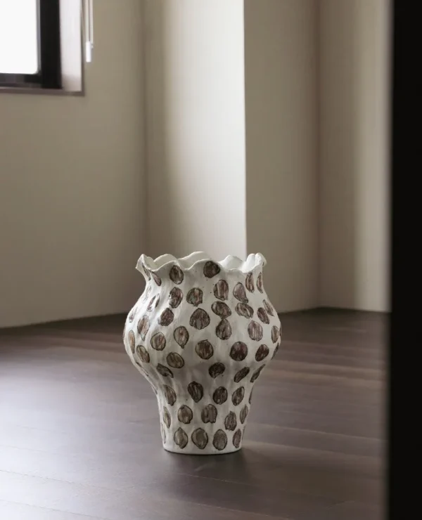 Jingdezhen Textured Spot Floor Jar Vase with Wavy Rim in ivory — in a room setting