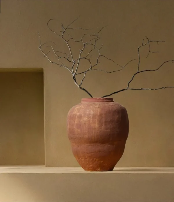 Jingdezhen Terracotta Wabi-Sabi Floor Vase in rust — in a room setting
