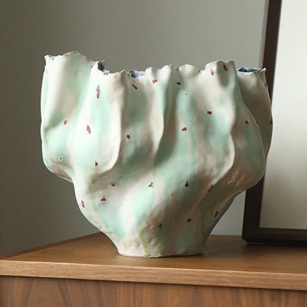 Jingdezhen Hand-Built Folded Wide-Mouth Floor Vase, Large in olive — front view
