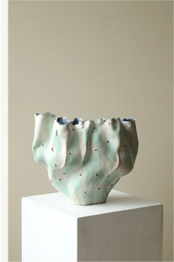 Jingdezhen Hand-Built Folded Wide-Mouth Floor Vase, Large in olive — in a room setting