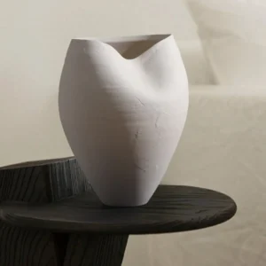 Jingdezhen White Round-Belly Ceramic Vase with Pinched Rim in ivory — front view