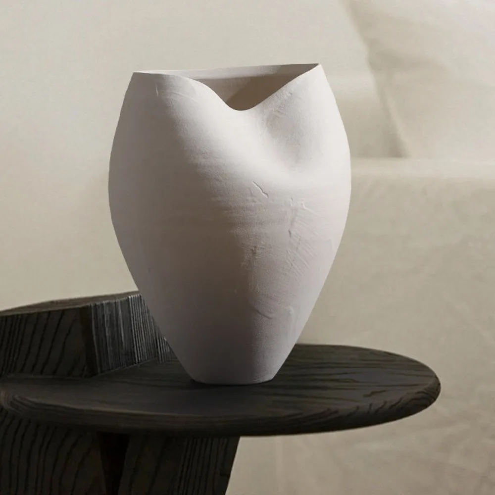 Jingdezhen White Round-Belly Ceramic Vase with Pinched Rim in ivory — front view