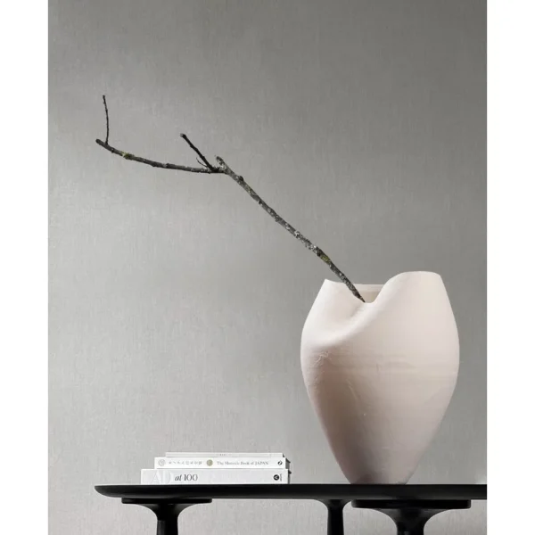 Jingdezhen White Round-Belly Ceramic Vase with Pinched Rim in ivory — in a room setting