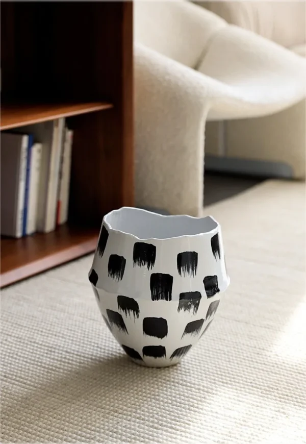 Jingdezhen Black Brush-Mark Wide-Mouth Floor Vase, Large or in ivory — in a room setting
