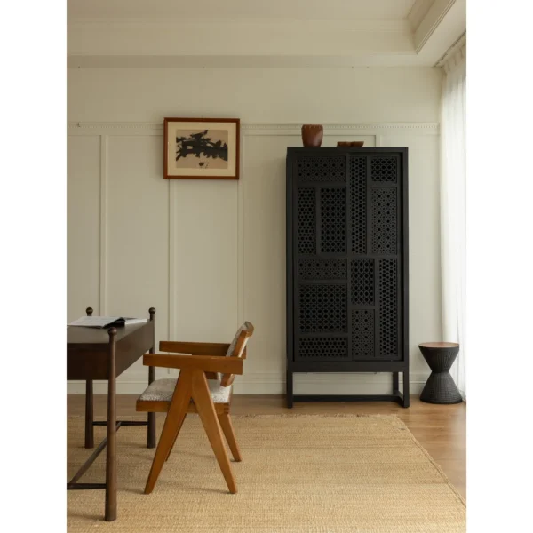 Jixing Teak Tall Cabinet with Pierced Star Sliding Doors in black — in a room setting