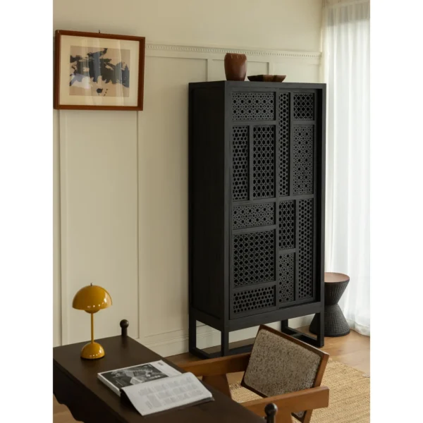 Jixing Teak Tall Cabinet with Pierced Star Sliding Doors in black — in a room setting