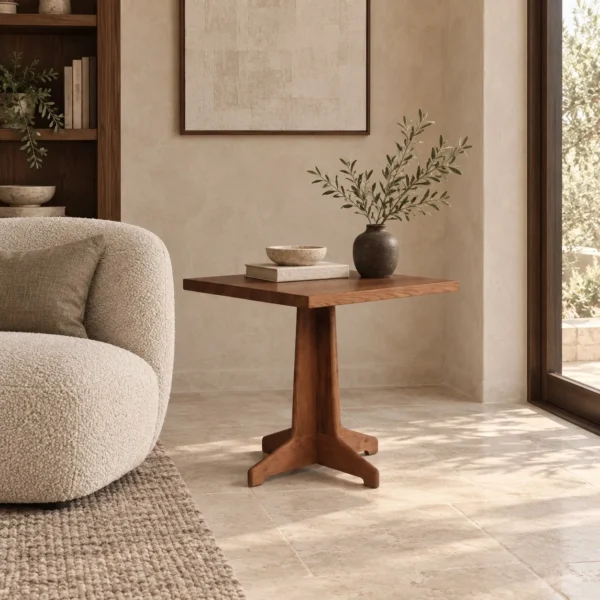 Joint Square Walnut Table on Central Tenon Pedestal in walnut — in a room setting