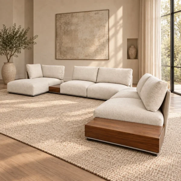 Julian Modular Sofa in Cream Fabric with Integrated Side — in a room setting