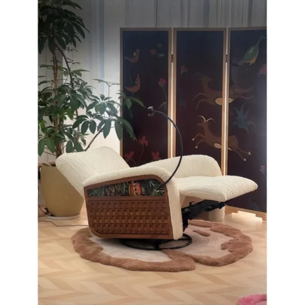 Jungle Woven Walnut Electric Swivel Lounge Chair, 96 cm in oatmeal — in a room setting