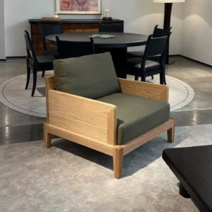 Solid Oak Frame Lounge Chair in Olive Fabric — front view