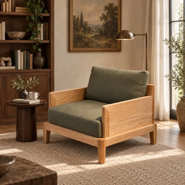 Solid Oak Frame Lounge Chair in Olive Fabric — in a room setting