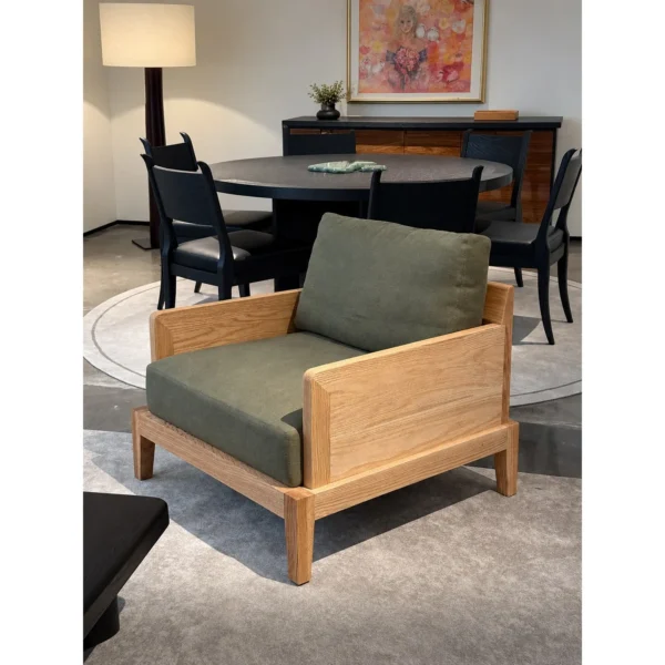 Solid Oak Frame Lounge Chair in Olive Fabric — in a room setting